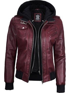 Women’s Maroon Leather Bomber Jacket Detachable Hood Casual Stylish Coat